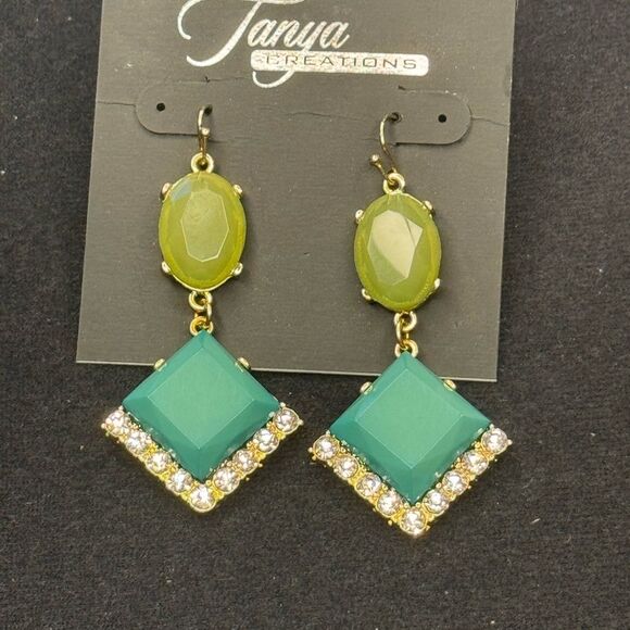 Gold and Green Teardrop Earrings with Glossy Finish 2.25 inch - Picture 2 of 5